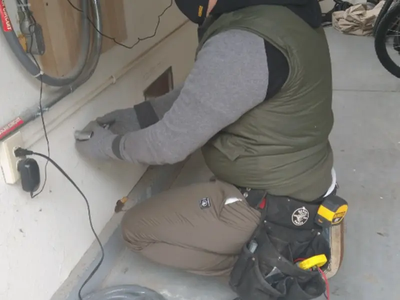 Electrician performing outlet wiring in a Laplace garage